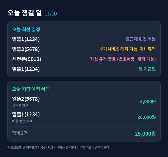 오늘 챙길 일 카드 예시: 회선 일정과 오늘 지급 예정 혜택